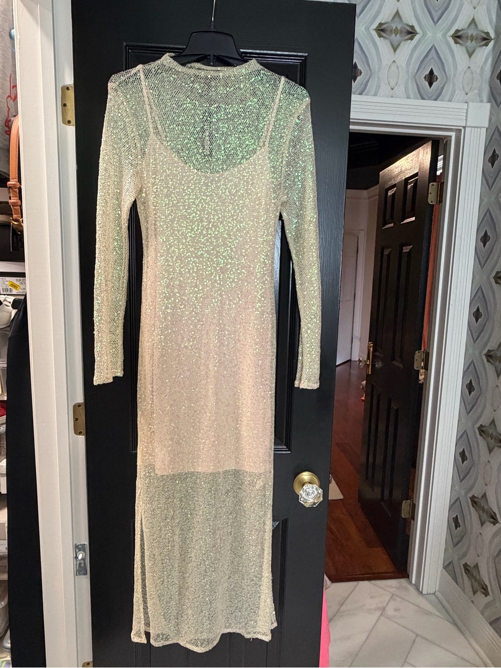 Steve Madden Sheer Long Sleeve Sparkle Maxi Dress - Ivory. With undergarment